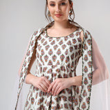 Ivory Floral Printed Cotton Anarkali Set With Olive Trim