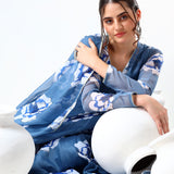 Steel Blue Floral Printed Cotton Anarkali Set