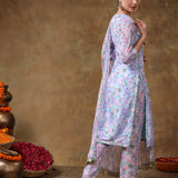 Sky Blue And Lilac Floral Printed Georgette Salwar Set With Gold Fringe