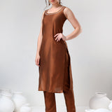 Copper Brown Silk Blend Salwar Set With Striped Dupatta