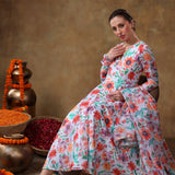 Multicolor Floral Printed Georgette Anarkali Set With Silver Lace Trim