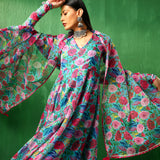 Turquoise Floral Printed Georgette Anarkali Set With Tiered Dupatta