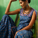 Cobalt Blue Floral Printed Cotton Sharara Set With Green Dupatta
