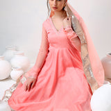Blush Peach Cotton Anarkali Set With Metallic Gota Border