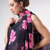 Jet Black Floral Printed Organza Tiered Anarkali Set