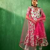 Ivory Rose Printed Blended Fabric Anarkali Set With Pink Dupatta