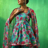 Turquoise Floral Printed Georgette Sharara Set