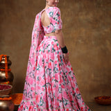 Blush Pink Floral Printed Organza Ruffled Lehenga Set