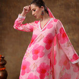 Bright Pink Poppy Floral Printed Georgette Salwar Set With Lace Accents