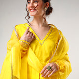 Sunshine Yellow Cotton Anarkali Set With Metalli Border