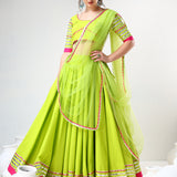 Neon Green Cotton Lehenga Set With Pink Striped Border