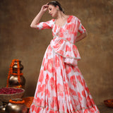 Coral Floral Printed Organza Draped Lehenga Set