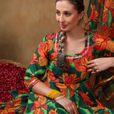 Emerald Green Botanical Printed Georgette Anarkali Set With Gota Detail