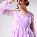 Lilac Organza Ruffled Gown With Sheer Puff Sleeves