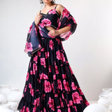 Jet Black Floral Printed Organza Tiered Lehenga Set