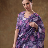 Royal Purple Rose Printed Georgette Salwar Set With Geometric Scallop Borders