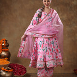Rose Pink Floral Printed Georgette Anarkali Set With Metallic Borders