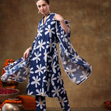 Midnight Blue Daisy Printed Georgette Salwar Set With Delicate Pearl Lace