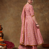 Mustard And Pink Jaal Print Blended Fabric Anarkali Set