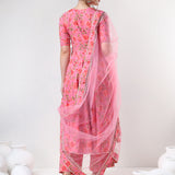 Rose Pink Floral Printed Cotton Anarkali Set With Tassel Ties