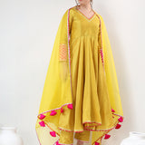Mustard Yellow Cotton Anarkali Set With Pink Chevron Cuffs