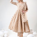 Beige Floral Printed Cotton Anarkali Set With Gota Trim