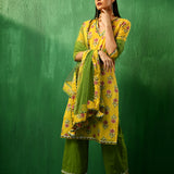 Mustard Yellow Floral Printed Cotton Salwar Set With Olive Pants