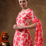 Coral Red Clover Motif Georgette Salwar Set With Fine Silver Trims