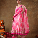 Blush Pink Floral Printed Organza Anarkali Set With Fuchsia Border
