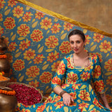 Teal Floral Printed Blended Fabric Anarkali Set With Mustard Border