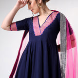 Navy Blue Cotton Anarkali Set With Scalloped Gold Hem
