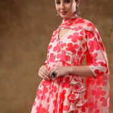 Coral Pink Angrakha Style Georgette Anarkali Set With Tassel Accent
