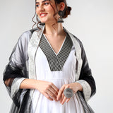 Ivory Scalloped Cotton Anarkali Set With Black Trim