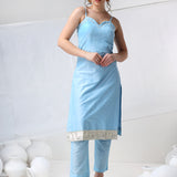 Powder Blue Cotton Salwar Set With Metallic Silver Hem