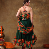 Bottle Green Floral Printed Georgette Halter Anarkali Set