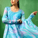 Aqua Marble Printed Georgette Anarkali Set With Tiered Hem