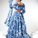 Denim Blue Floral Printed Organza Ruffled Lehenga Set
