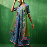 Cobalt Blue Floral Printed Cotton Anarkali Set With Green Dupatta