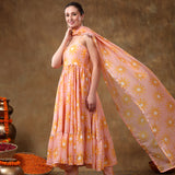 Peach Sunburst Printed Blended Fabric Cami Anarkali Set