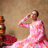 Pastel Pink Floral Printed Georgette Anarkali Set With Scalloped Edge