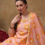 Peach Sunburst Printed Georgette Salwar Set With Yellow Accent Piping