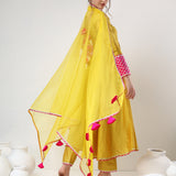 Mustard Yellow Cotton Anarkali Set With Pink Chevron Cuffs