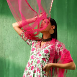 Ivory Rose Printed Blended Fabric Anarkali Set With Pink Dupatta