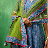 Cobalt Blue Floral Printed Cotton Anarkali Set With Green Dupatta