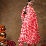 Coral Pink Angrakha Style Georgette Anarkali Set With Tassel Accent