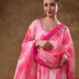 Blush Pink Floral Printed Organza Anarkali Set With Fuchsia Border