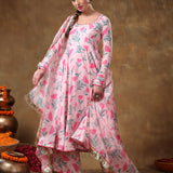 Blush Pink Tulip Printed Georgette Anarkali Set With Gold Fringe
