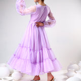 Lilac Organza Ruffled Gown With Sheer Puff Sleeves