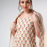 Beige Floral Printed Cotton Salwar Set With Halter Neck