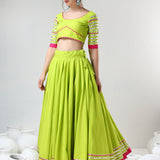 Neon Green Cotton Lehenga Set With Pink Striped Border